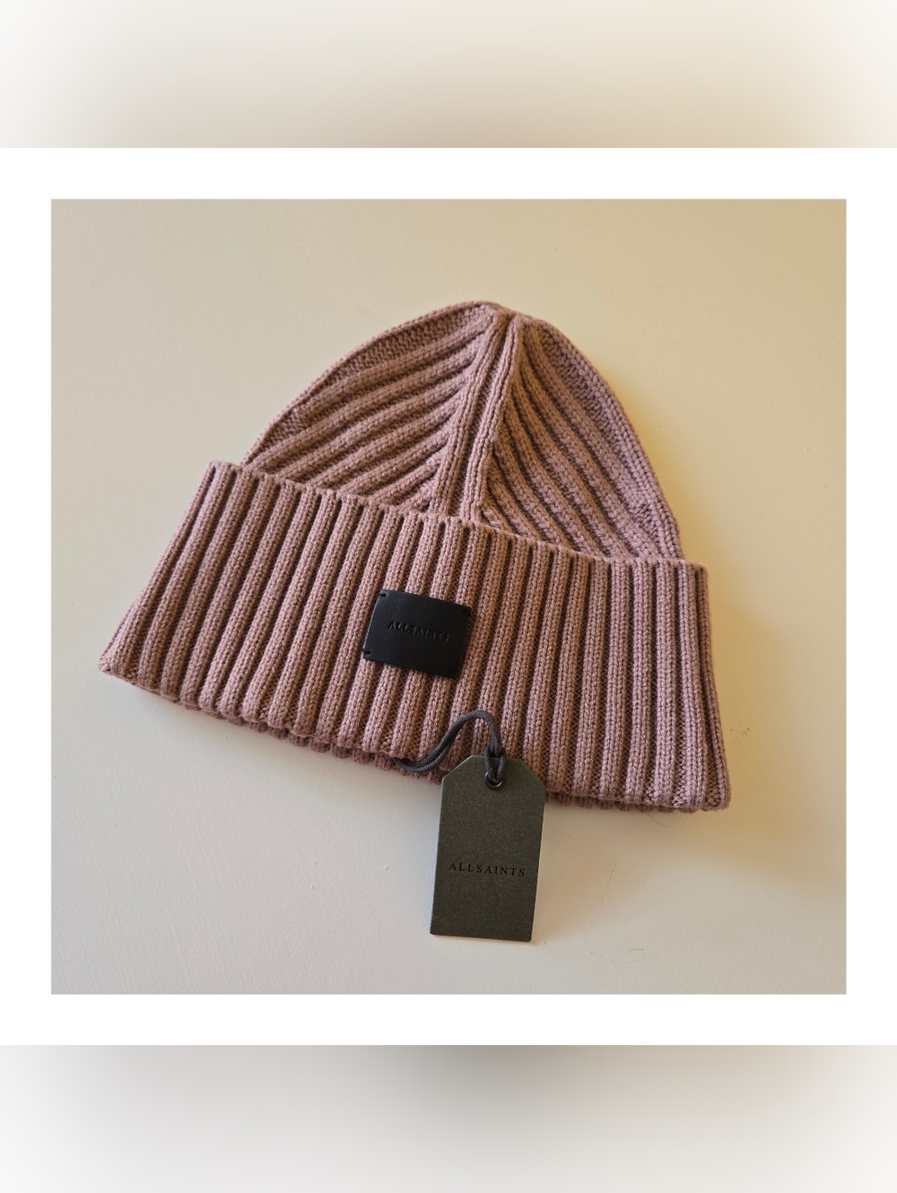 ALL SAINTS Travelling Rib Cuff Beanie Hat Logo Patch Men's Charcoal Wool Blend